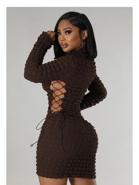 Brown Lace-Up Textured Bodycon Dress